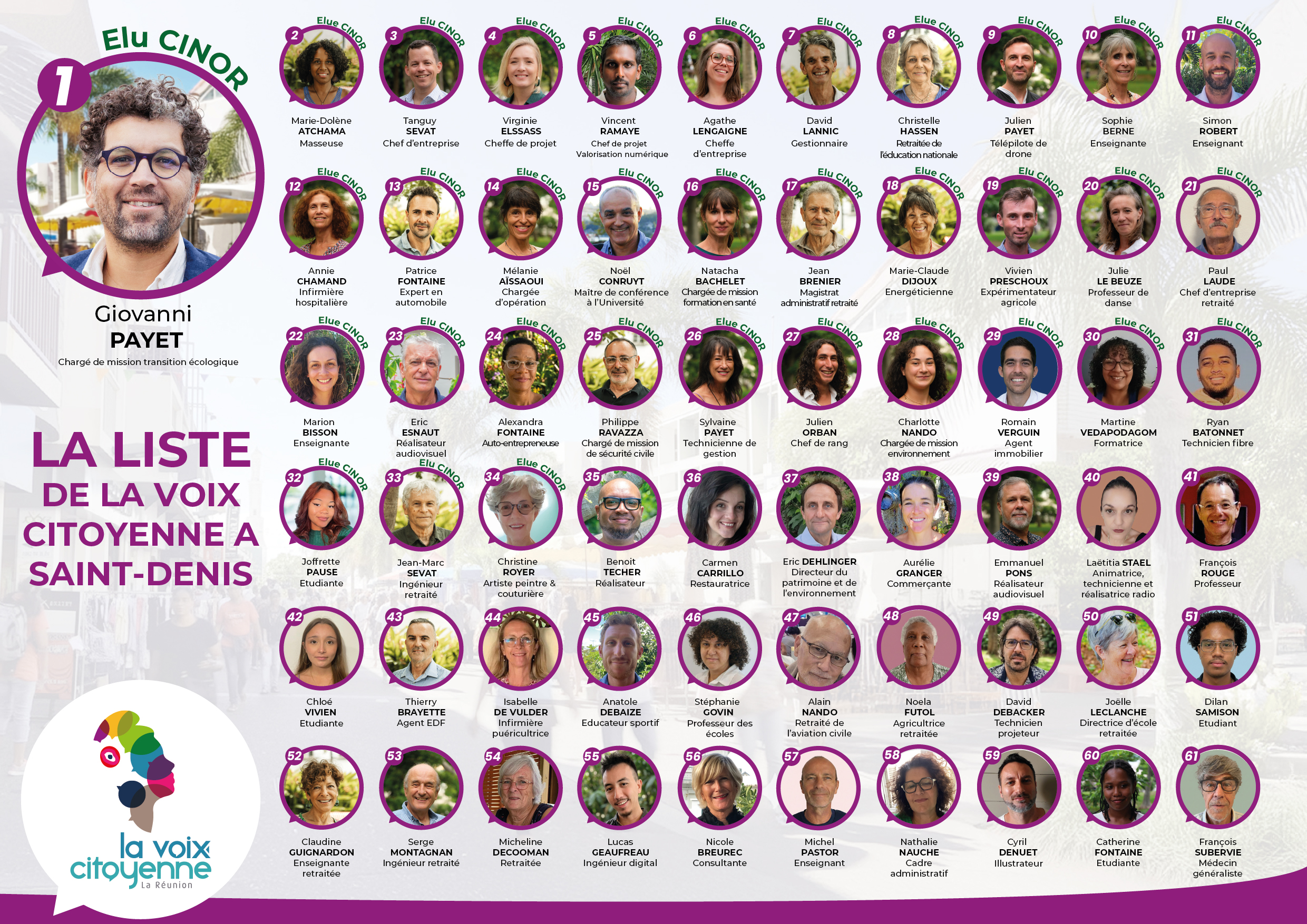 LISTE DES CANDIDATS AUX ELECTIONS MUNICIPALES A SAINT-DENIS AVEC GIOVANNI PAYET ET LA VOIX CITOYENNE